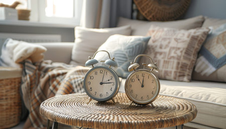 Bohemian style home decor close up of alarm clock on wooden table in modern living room