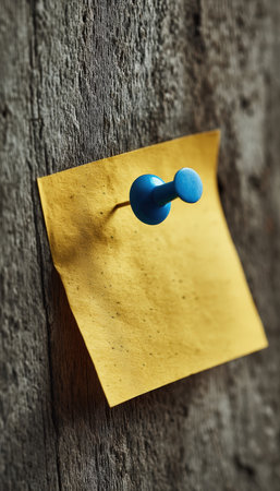 A vibrant blue thumbtack pinning a bright yellow reminder note onto a rustic, textured wooden background, evoking organization and focus.の写真素材