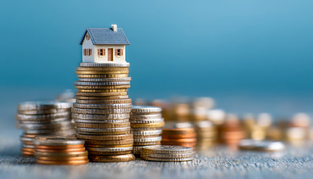A tiny house perched atop a tower of coins, symbolizing growth and financial planning in property market investments.の写真素材