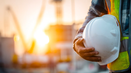 A focused worker in safety gear stands amidst a vibrant sunset, clutching a helmet as the day?s work at a busy building project concludes.の写真素材