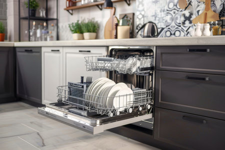 Modern kitchen interior with electronic dishwasher and dirty white dishes waiting to be washedの写真素材