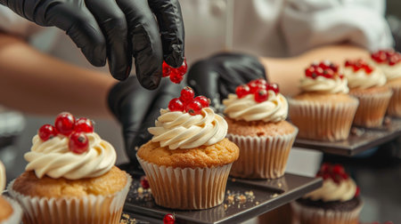Pastry chef s hands in black gloves decorating cupcakes with cream cheese frosting and red berriesの写真素材