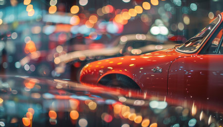 Vibrant car showroom bokeh with classic car icons for an inspiring auto themed backdropの写真素材