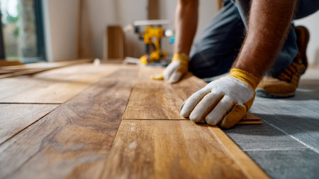 A craftsman meticulously fits wooden planks on a radiant floor, surrounded by essential tools, capturing the essence of home transformation.の写真素材