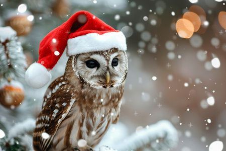 Festive christmas owl in santa hat on background for ads and postcards with text spaceの写真素材