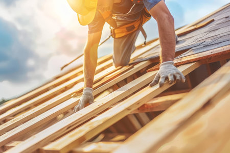 Roof worker constructing wood house structure, symbolizing achievement in construction industry