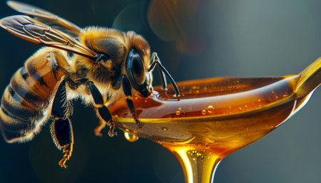 Close up of stunning bee on honey spoon with amber honey dripping, high quality imageの写真素材