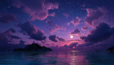 A tranquil seascape under a luminous full moon, with a shimmering surface reflecting countless stars...