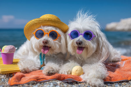 Playful pups lounge in the sun, sporting trendy shades and bright accessories, enjoying chilly...