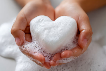 A hand gently cradles a fragrant, foam-covered heart-shaped bar, evoking feelings of care, self-love, and soothing pampering moments.の写真素材
