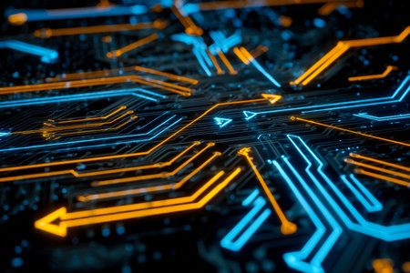 Detail of a high-tech circuit with vibrant blue and orange glowing pathways, evoking futuristic...