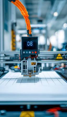 Precision robotic extension monitors and adjusts processes on a factory conveyor, illuminated by a...