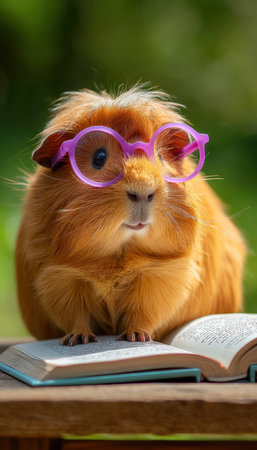An adorable guinea pig with vibrant purple spectacles relaxes on a lush green surface, engrossed in a tiny book amid a bright outdoor setting.の写真素材