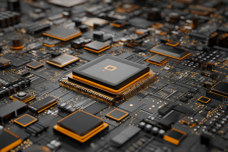 A detailed view of a sleek silicon chip embedded in a vibrant green circuit board, surrounded by tiny resistors and intricate metallic pathways.の写真素材