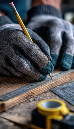 A focused craftsman in gloves precisely marks a timber piece with a ruler, highlighting meticulous carpentry and woodworking craftsmanship.の写真素材