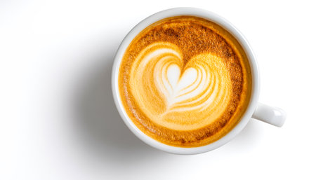 A steaming coffee beverage features intricate heart-shaped foam decoration, exuding warmth and elegance against a pristine white backdrop.の写真素材