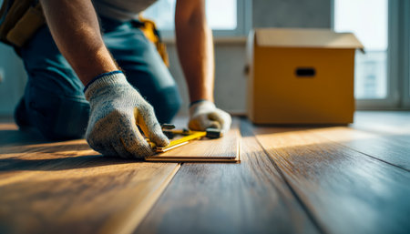 A person carefully gauging a unfinished wooden plank on a room's floor, surrounded by renovation tools, creating a scene of craftsmanship and home impの写真素材