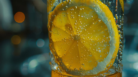 Vibrant lemon drops in high quality yellow drink, glass with fresh lemon slice, appealing imageの写真素材