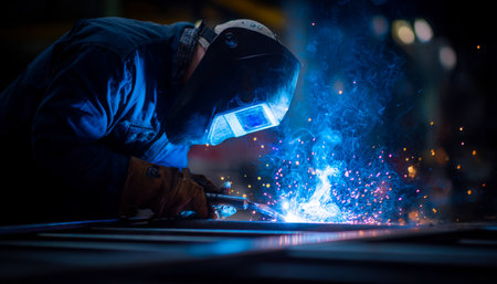 A skilled craftsman manipulates a welding torch, producing vibrant sparks that light up a dark industrial setting, illustrating intense focus and crafの写真素材