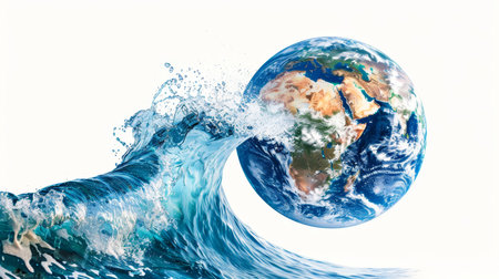 Climate change earth globe in ocean wave, global warming concept on white backgroundの写真素材