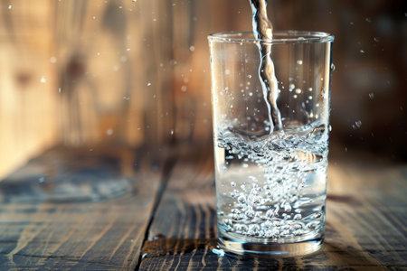 Clear glass of water on wooden table with selective focus and lighting effects, offering copy spaceの写真素材