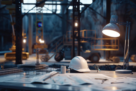Architectural project architect desk with mining light in construction site or office building