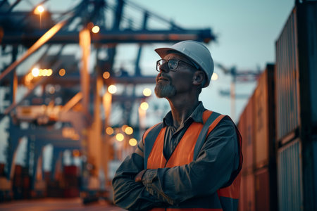 Industrial port manager supervising container shipments for efficient operationsの写真素材