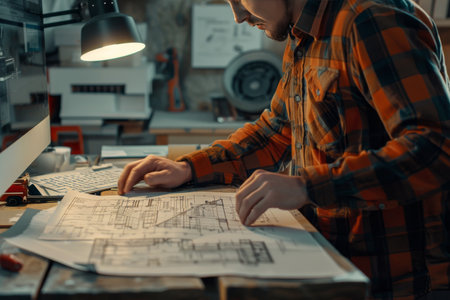 Male engineer using generative ai for remote architectural blueprint design at construction siteの写真素材