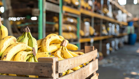 Ripe organic bananas in wooden crates at warehouse with blurred background fresh produce displayの写真素材