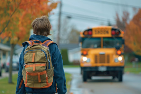 Elementary student with backpack walking to school bus from behind for school commute
