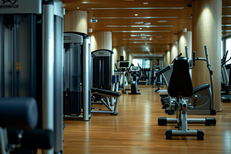 Fully equipped gym interior with bodybuilding machines and equipment for fitness enthusiastsの写真素材