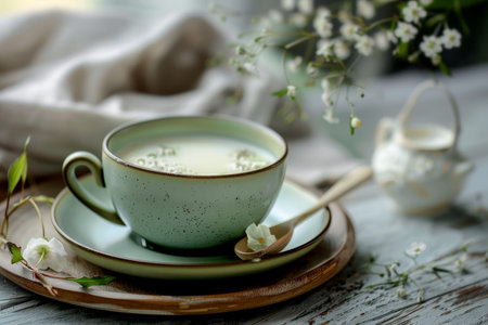 Delicious and refreshing green tea latte served on a charming rustic wooden tableの写真素材