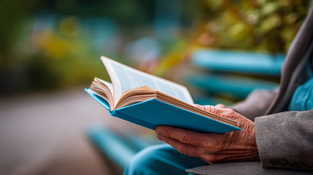 A senior individual immersed in a book, seated peacefully on a park bench amid lush greenery,...