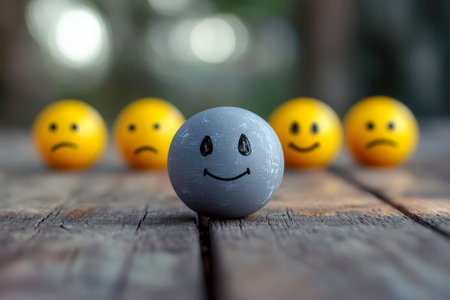 Vibrant collection of five expressive face balls, with a cheerful blue centerpiece, laid out on rustic wood, evoking playful and emotional moods.の写真素材