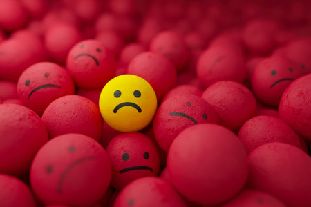 A bright yellow stress ball with a sorrowful expression sits amid pink stress balls with upset faces, highlighting emotional tension and stress.の写真素材