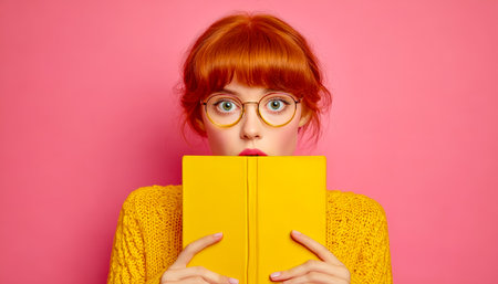 A vibrant woman with fiery red hair and stylish glasses gently cradle a bright yellow book, radiating a cheerful and thoughtful mood against a soft pのeditorial素材