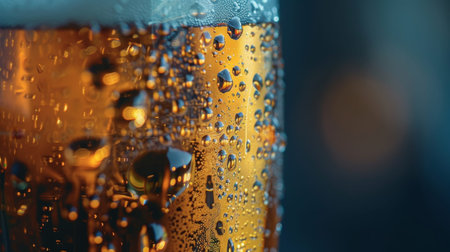 Close up of beer glass with condensation drops, ideal for text placement and advertising campaignsの写真素材