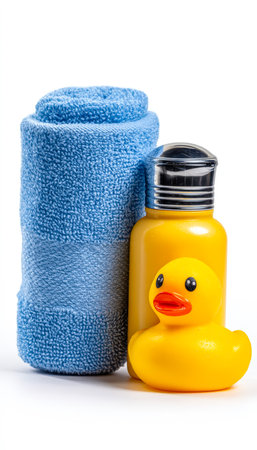 Bright blue and sunny yellow towels frame a whimsical rubber duck soap dispenser, creating a cheerful, playful bathroom scene on a clean white backdroの写真素材