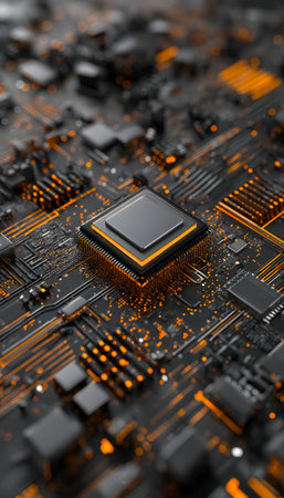 A detailed macro image highlighting a sleek microprocessor embedded in a vibrant circuit board, with luminous orange highlights evoking high-tech innoの写真素材
