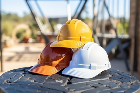 Multicolored construction worker hats for safety and teamwork in engineering and constructionの写真素材