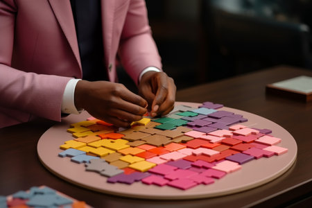 A team of businessmen assembles a multi-colored business puzzle, the details of which depict industrial enterprisesの写真素材