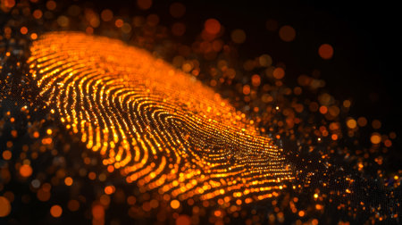 A luminous fingerprint composed of vibrant orange particles against a deep shadowy backdrop, evoking themes of cyber identity and digital security.の写真素材
