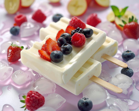 Refreshing frozen yogurt bars with fresh fruit and berries on stick for a summery delightの写真素材