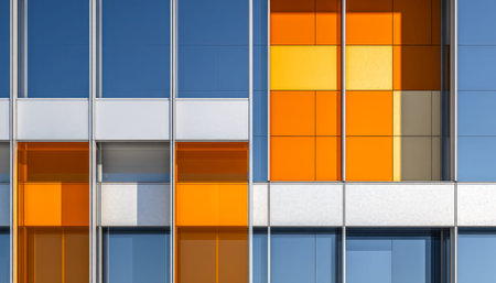 An eye-catching structure featuring vibrant hues, innovative triangular glass panels, and sleek...