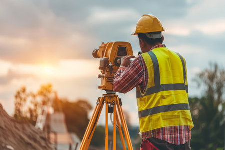 Engineer and surveyor using theodolite at construction site with generative ai technologyのeditorial素材