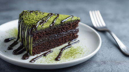 An elegant serving of layered matcha-flavored dessert featuring velvety chocolate accents, garnished with vibrant green tea powder and a delicate chocの写真素材