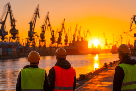 Workers engaged in detailed vessel checks amid a vibrant sunset backdrop, with towering cranes highlighting industrial activity and maritime commerce.の写真素材