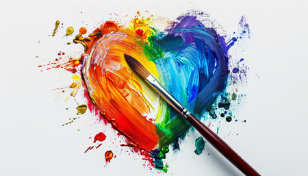 Vibrant rainbow heart shape with artist s paintbrush adding final touch on white backgroundの写真素材
