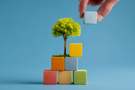 A vibrant stack of cubes topped with a lush tree, with a hand adding a block?symbolizing nurturing eco-friendly development and global sustainability.の写真素材