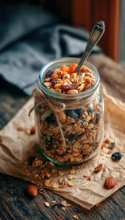 Cozy, handcrafted breakfast blend featuring crunchy oats, vibrant dried fruits, and hearty nuts, arranged on a weathered wooden table for a rustic chaの写真素材